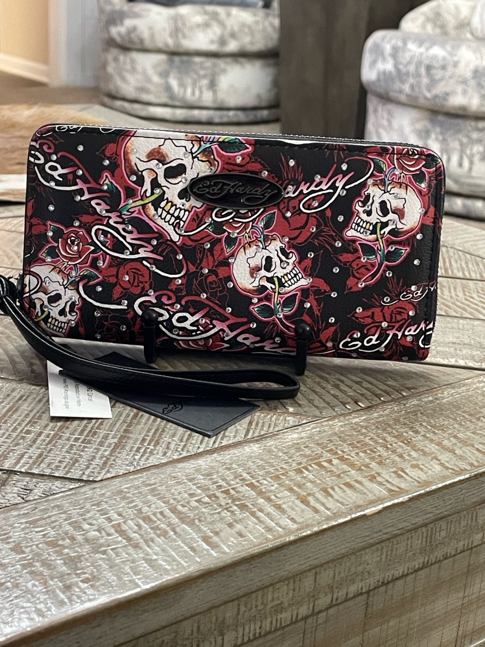 Ed Hardy Skull and Rose Tattoo Zippy Wallet Wristlet